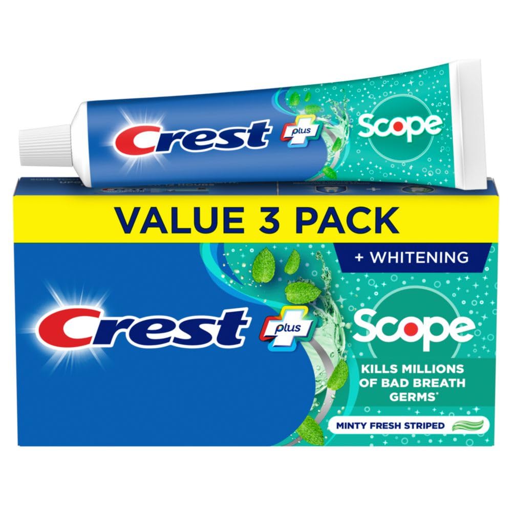 Version 1.0.0 Crest + Scope Whitening Toothpaste - Pack of 3, 5.4 Oz Tubes - Anticavity Fluoride Toothpaste, Fresh Breath, Kills Germs - Tartar Protection, Enamel Protection - Minty Fresh Flavor