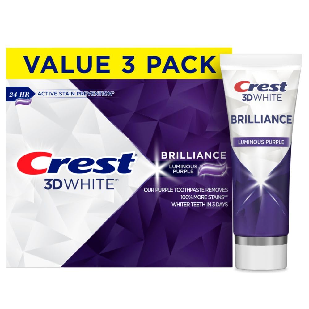 Version 1.0.0 Crest 3D White Brilliance Luminous Purple Teeth Whitening Toothpaste, 4.6 oz Pack of 3, Anticavity Fluoride Toothpaste, Fights 100% More Surface Stains, 24 Hour Active Stain Prevention