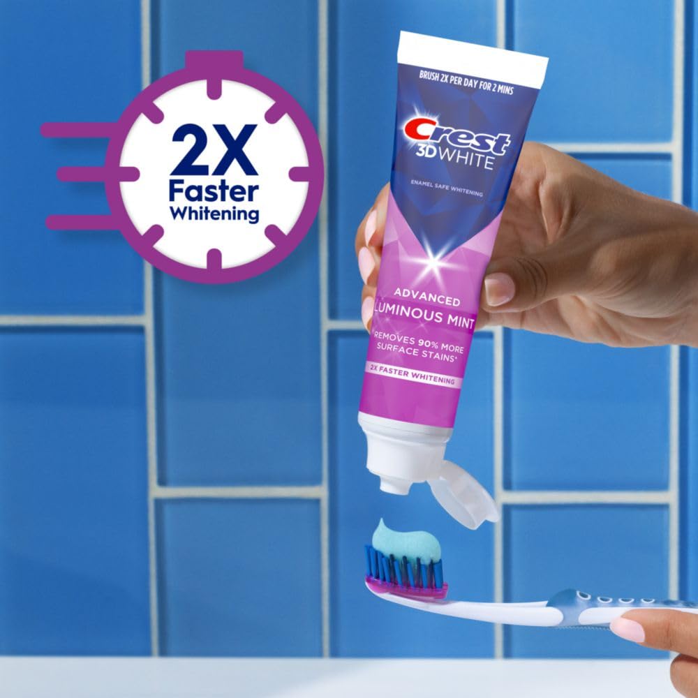 61HURX~1 Crest 3D White Advanced Luminous Mint Teeth Whitening Toothpaste, Crest Toothpaste, 3.7 oz Pack of 4 - Helps Remove Surface Stains, Whitens Teeth, Strengthens Tooth Enamel, Protects Against Cavities