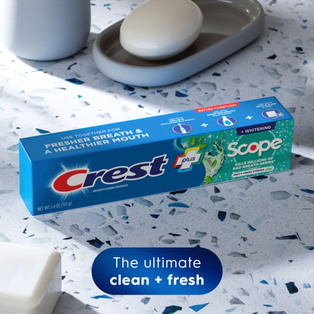 Version 1.0.0 Crest + Scope Whitening Toothpaste - Pack of 3, 5.4 Oz Tubes - Anticavity Fluoride Toothpaste, Fresh Breath, Kills Germs - Tartar Protection, Enamel Protection - Minty Fresh Flavor
