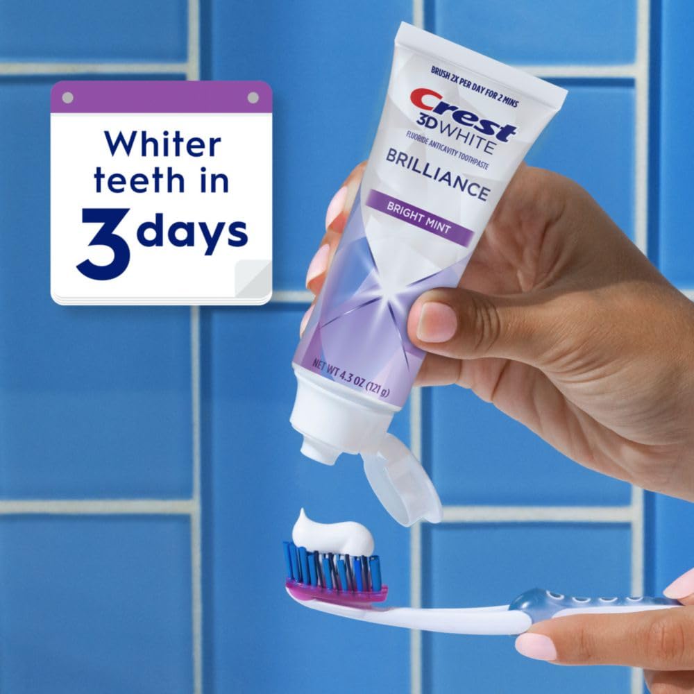 Version 1.0.0 Crest 3D White Brilliance Bright Mint Teeth Whitening Toothpaste, 4.3 oz Pack of 3, 100% More Surface Stain Removal, 24 Hour Active Stain Prevention, Whiter Teeth in 3 Days