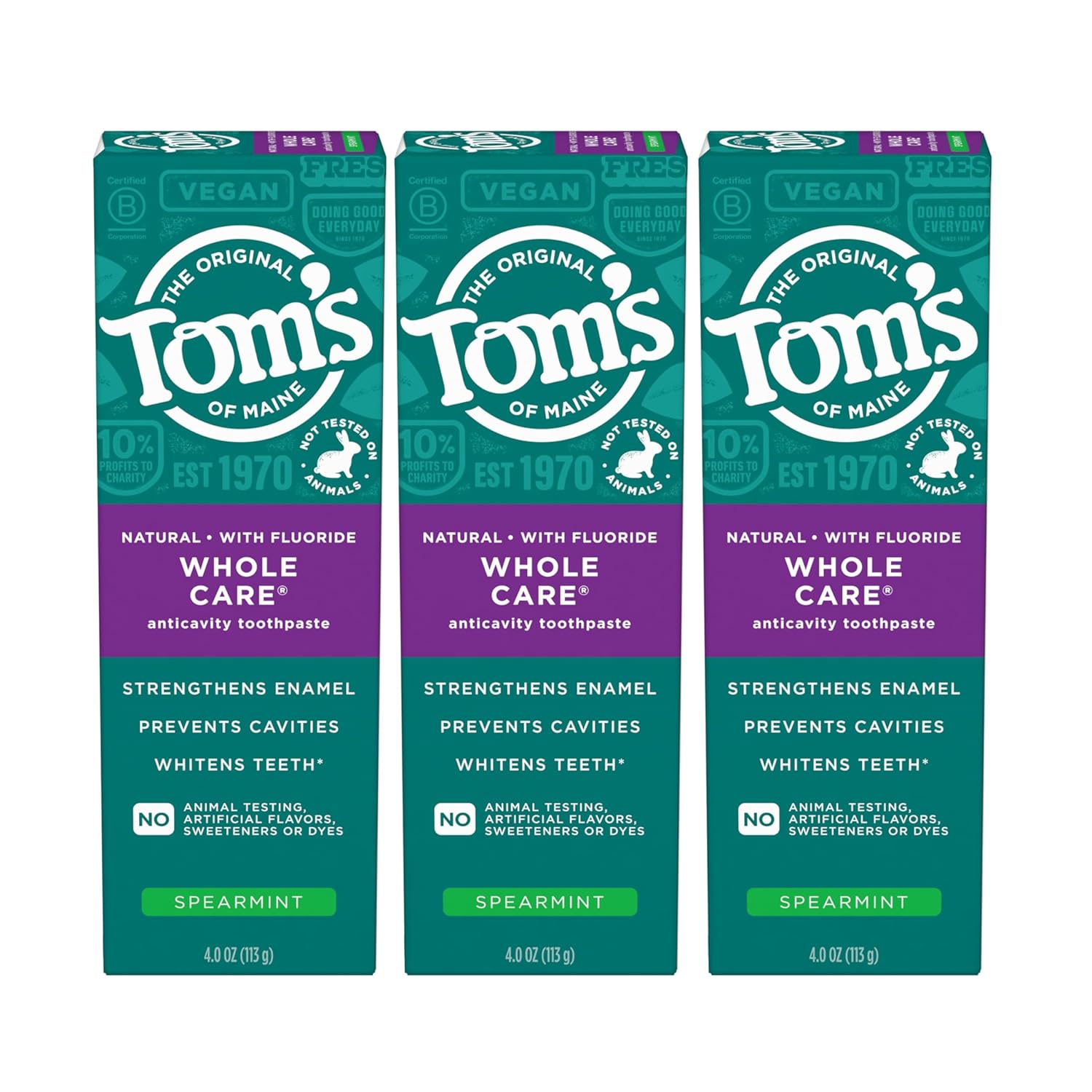81EfSaKH15L._SL1500_ Tom's of Maine Whole Care Natural Toothpaste with Fluoride, Spearmint, 4 Ounce (Pack of 3), (Packaging May Vary)